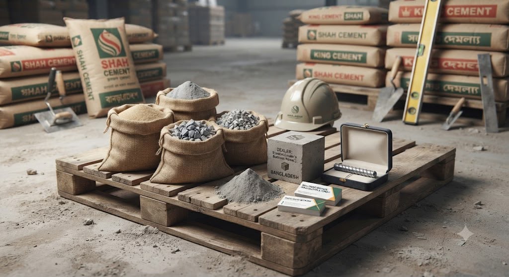 Cement bags, aggregate and construction tools on a pallet