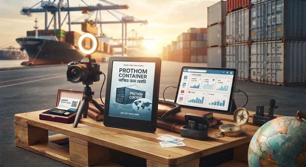 Camera, tablet showing the Prothom Container book and social media analytics on a pallet at a port