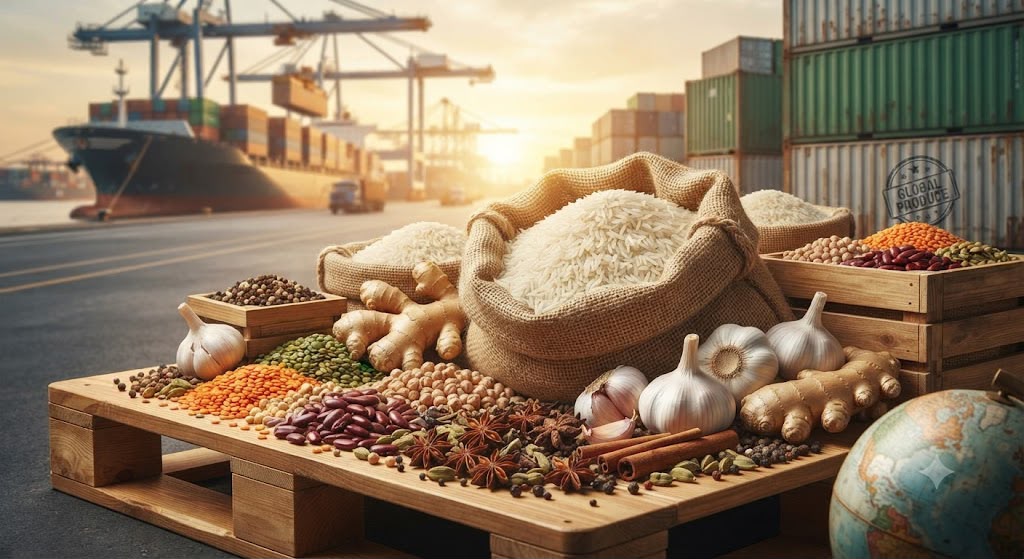 Imported rice, ginger, garlic, pulses and spices on a pallet at a shipping port