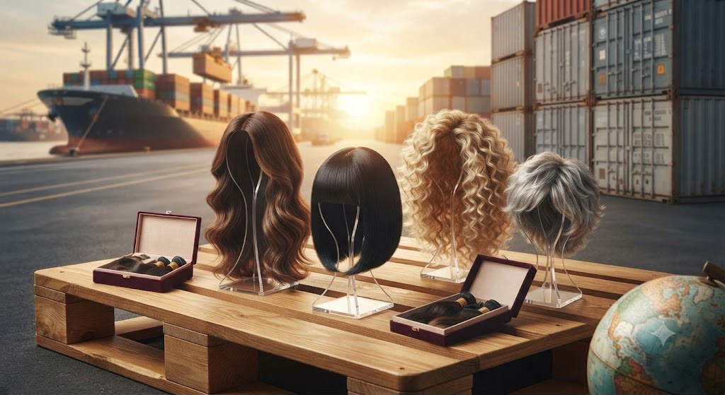 Handmade wigs on display stands at a shipping port, ready for export